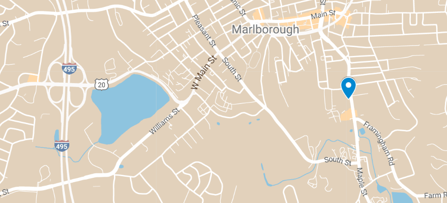 Map of Marlborough with a marker showing the location of the fire station