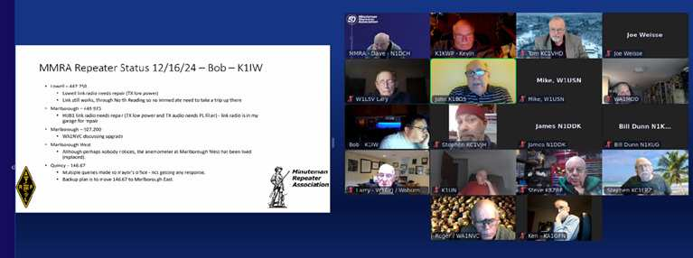 Image from the zoom meeting show the repeater status slide and several of the participants